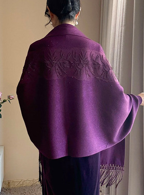 春秋中老年妈妈婚礼紫色丝绒旗袍披肩礼服外搭刺绣斗篷流苏带袖女