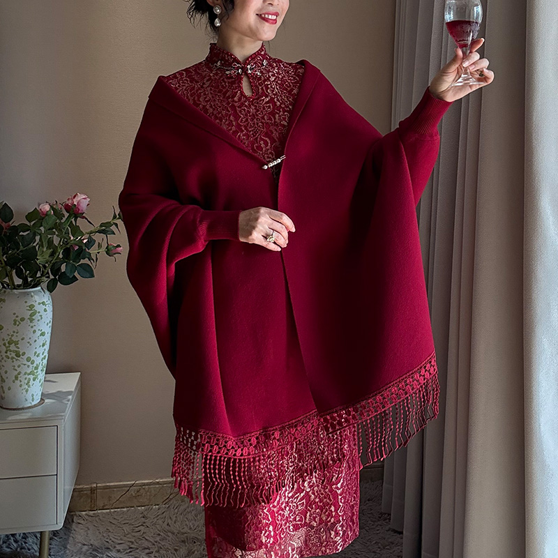 暗红色喜妈妈披肩婚宴配旗袍外搭斗篷结婚庆姨洗准婆婆礼服女厚冬