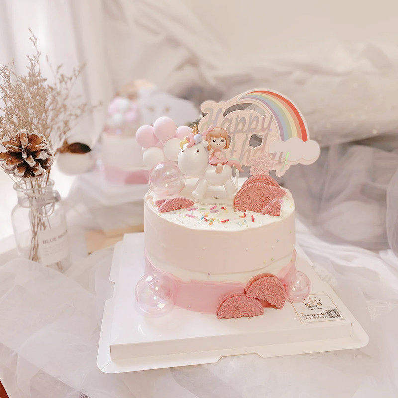 网红粉色女孩骑马独角兽摆件彩虹软陶气球粉色球生日蛋糕插件装饰