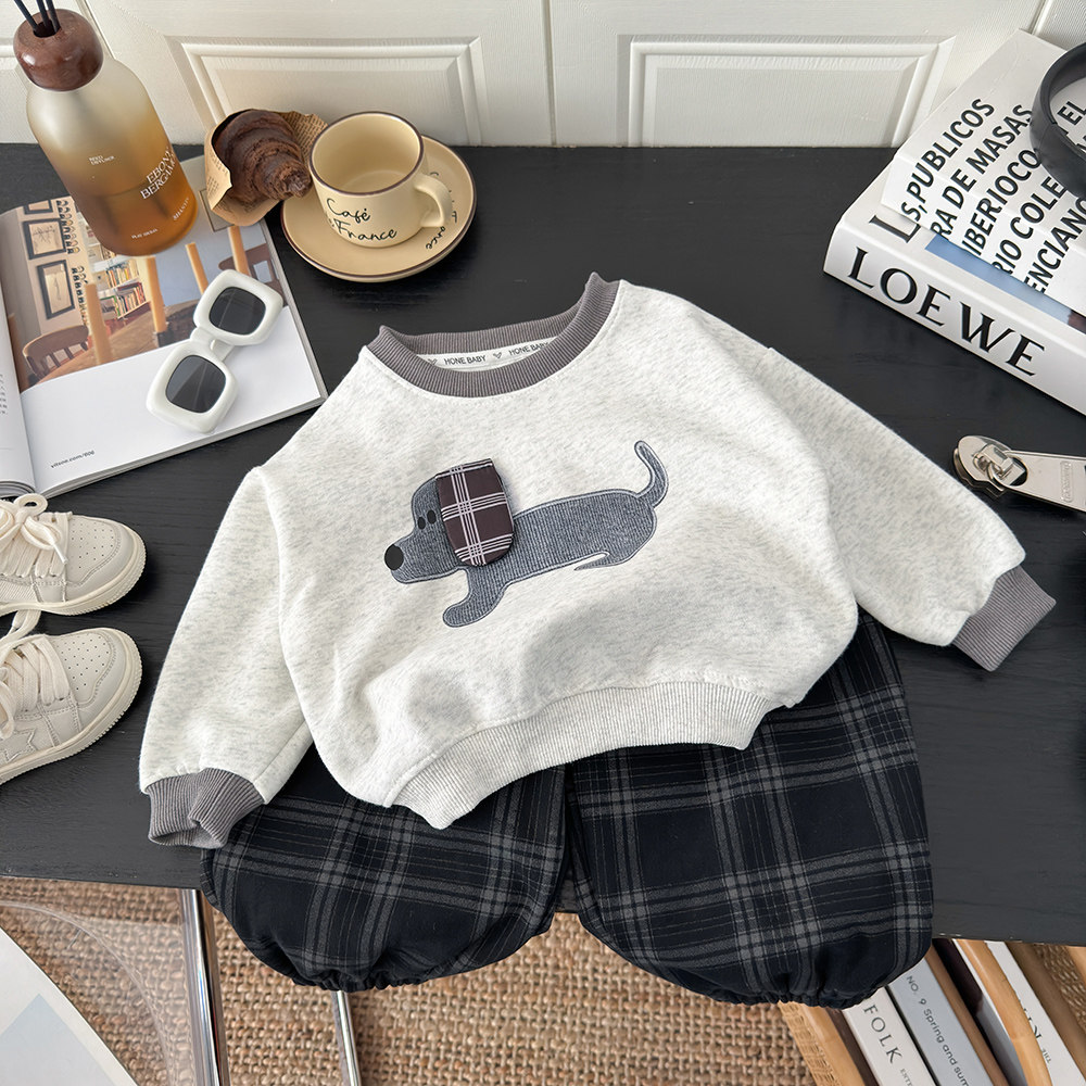 韩系可爱卡通卫衣套装2025新款秋季男宝宝宽松上衣休闲裤潮女童装