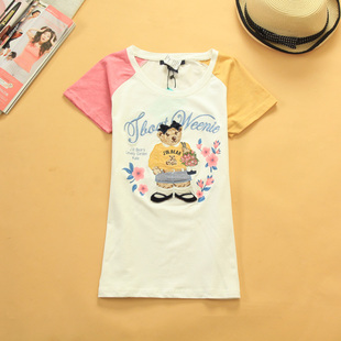 特价清仓 初中高中少女装夏季纯棉拼色圆领短袖女孩修身T恤衫半袖