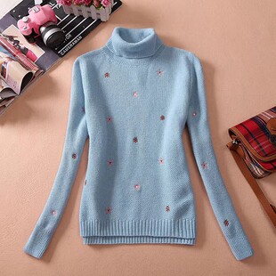瑕疵特价女生秋冬季高领羊毛衫刺绣上衣打底衫短款毛衣初高中学生