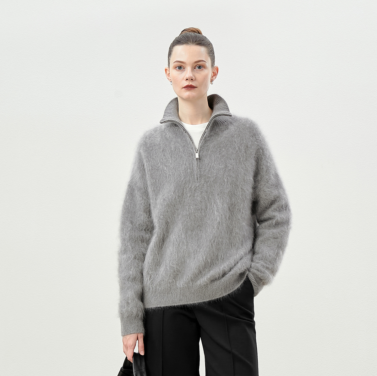 茉莉雅集KVSS拉绒全羊绒两用领拉链门襟针织套头衫女 WZT06326