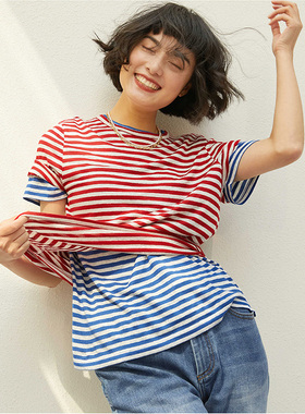 茉莉雅集盐系航海风经典日本料亚麻条纹T恤圆领短袖 WTX05047