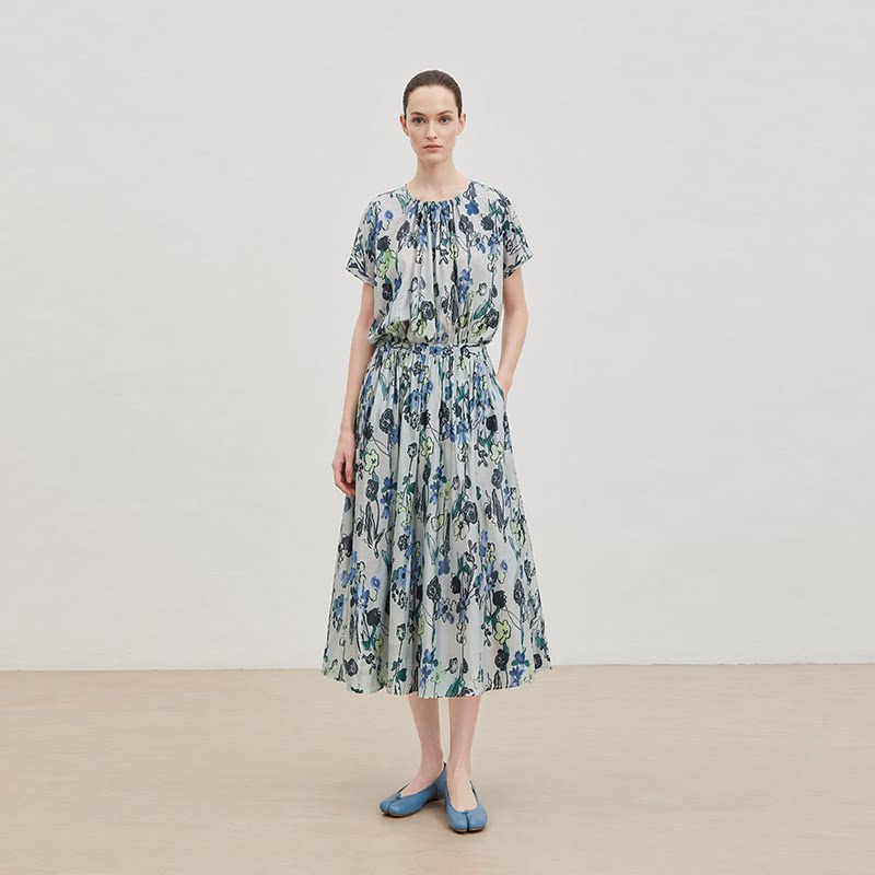 茉莉雅集全棉精致通勤圆领印花连肩短袖衬衫半裙WCS09093