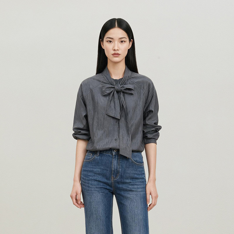 茉莉雅集法式名媛日本料真丝混纺飘带长袖衬衫女WCS09095