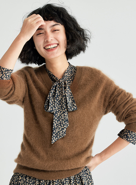 茉莉雅集KVSS重磅拉绒全羊绒针织套衫经典V领长袖毛衣 WZT06012