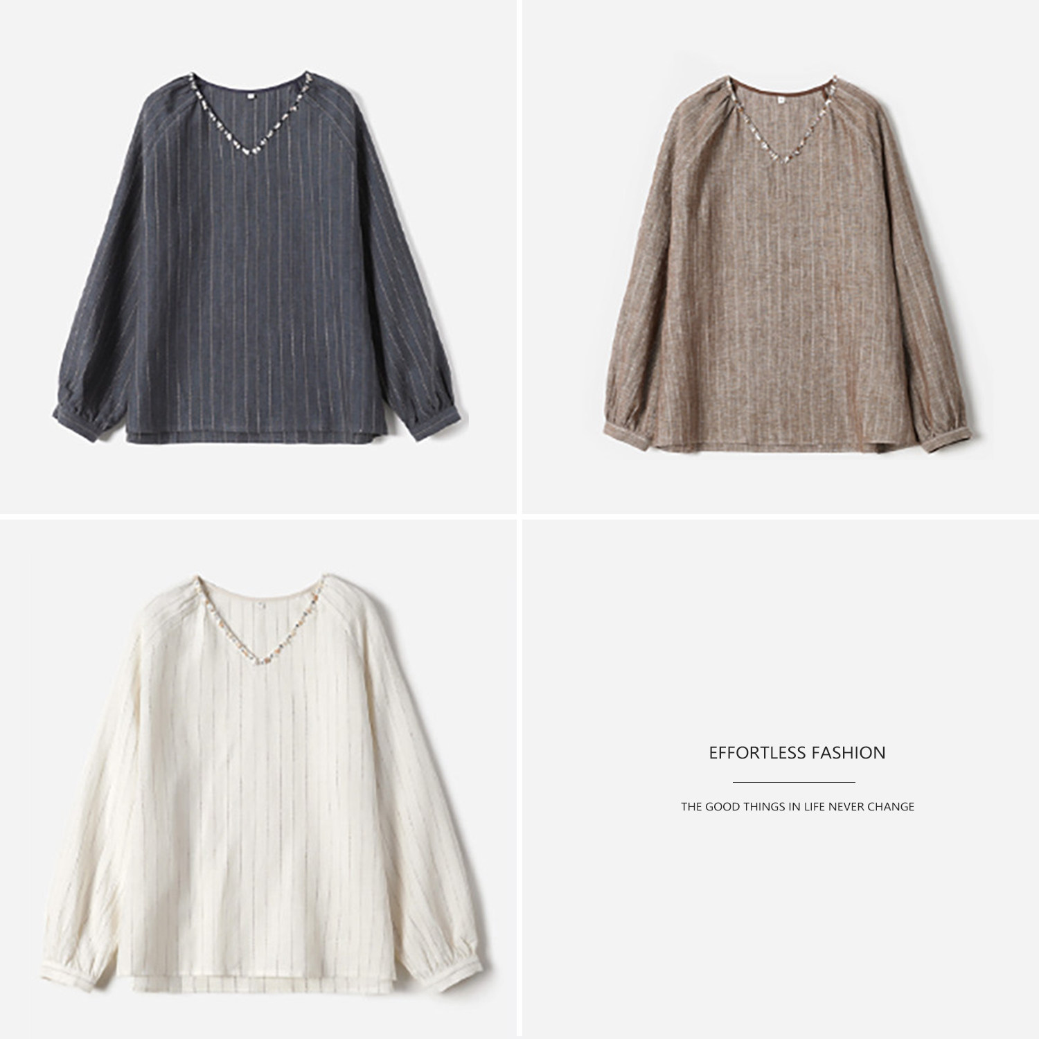 *茉莉雅集波西米亚风手工钉珠条纹全亚麻V领衬衫短裤女WCS08094
