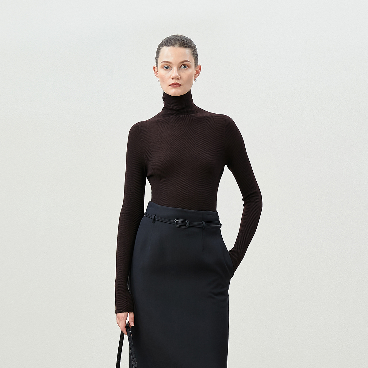 茉莉雅集140S精纺全羊毛人字纹提花高领打底针织套衫女 WZT08036