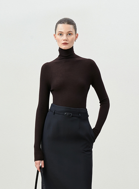 茉莉雅集140S精纺全羊毛人字纹提花高领打底针织套衫女 WZT08036