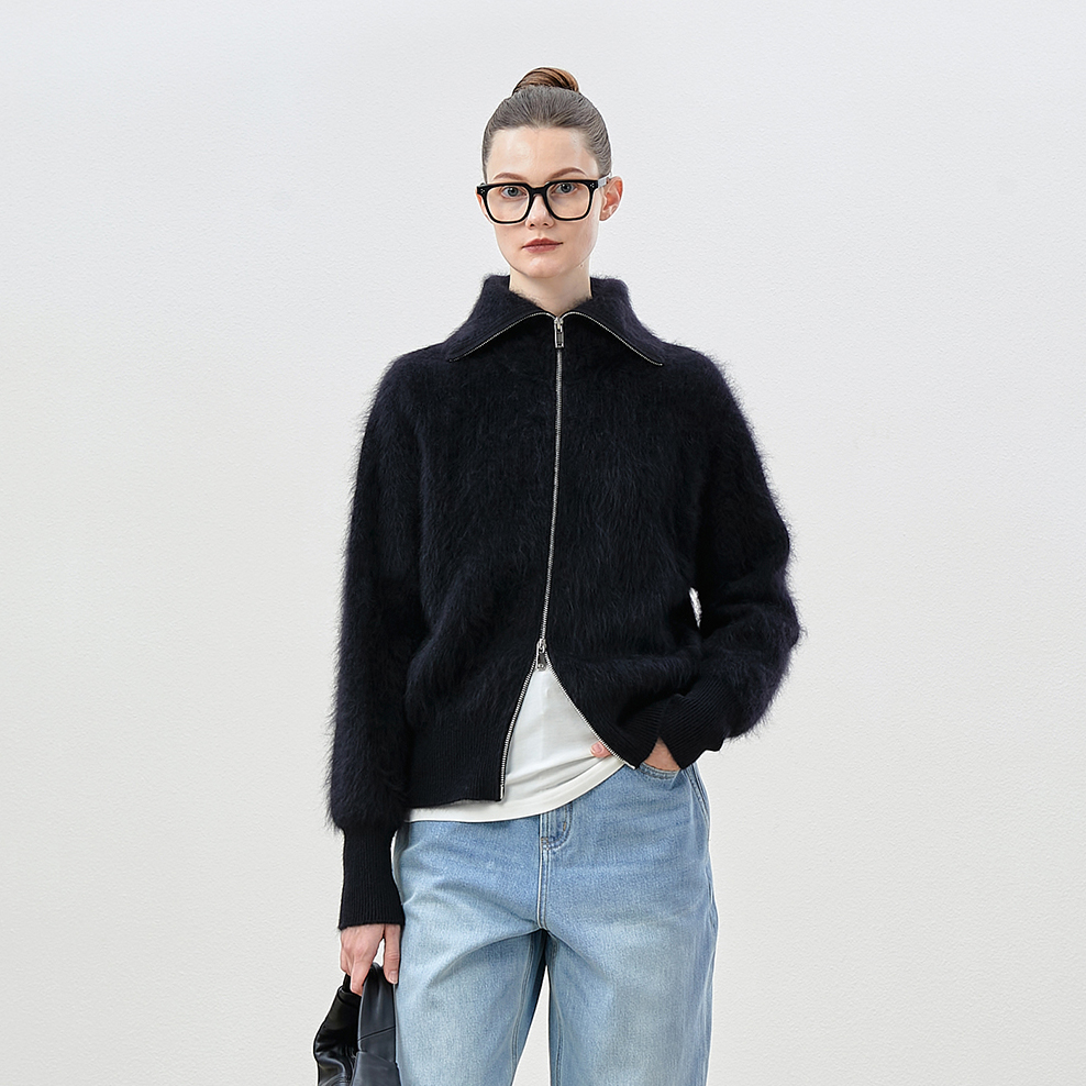 茉莉雅集多元造型两用领KVSS全羊绒拉绒拉链针织开衫WZK06173