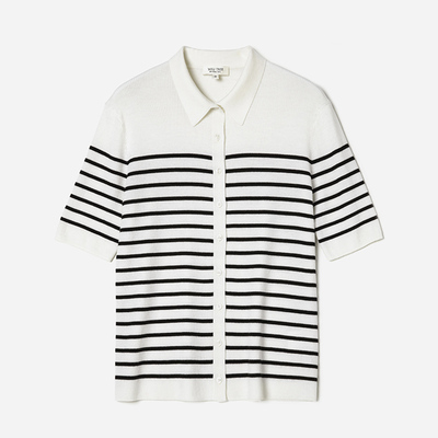 茉莉雅集 海魂条纹120S精纺全羊毛翻领短袖针织开衫女WZK07074