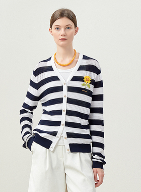 WISICA认证西印度群岛海岛棉向日葵绣条纹V领针织开衫WZK06048