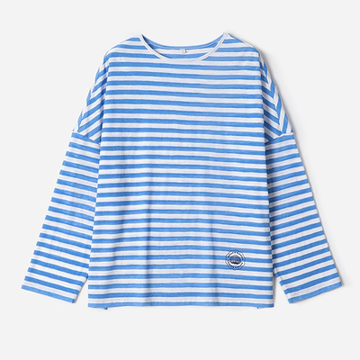 茉莉雅集 轻盈如纱高支棉海魂条纹邮戳贝壳印花长袖T恤 WTX08146