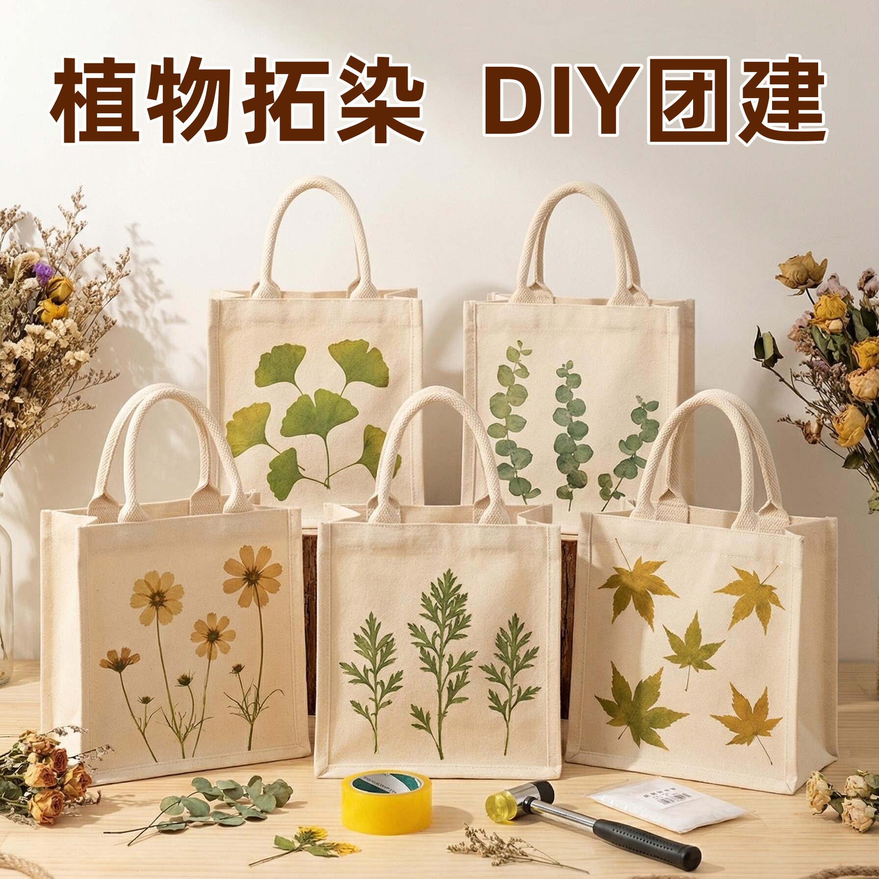 帆布包diy材料包植物拓染麻布袋手工团建拓印手提袋好看敲印袋子