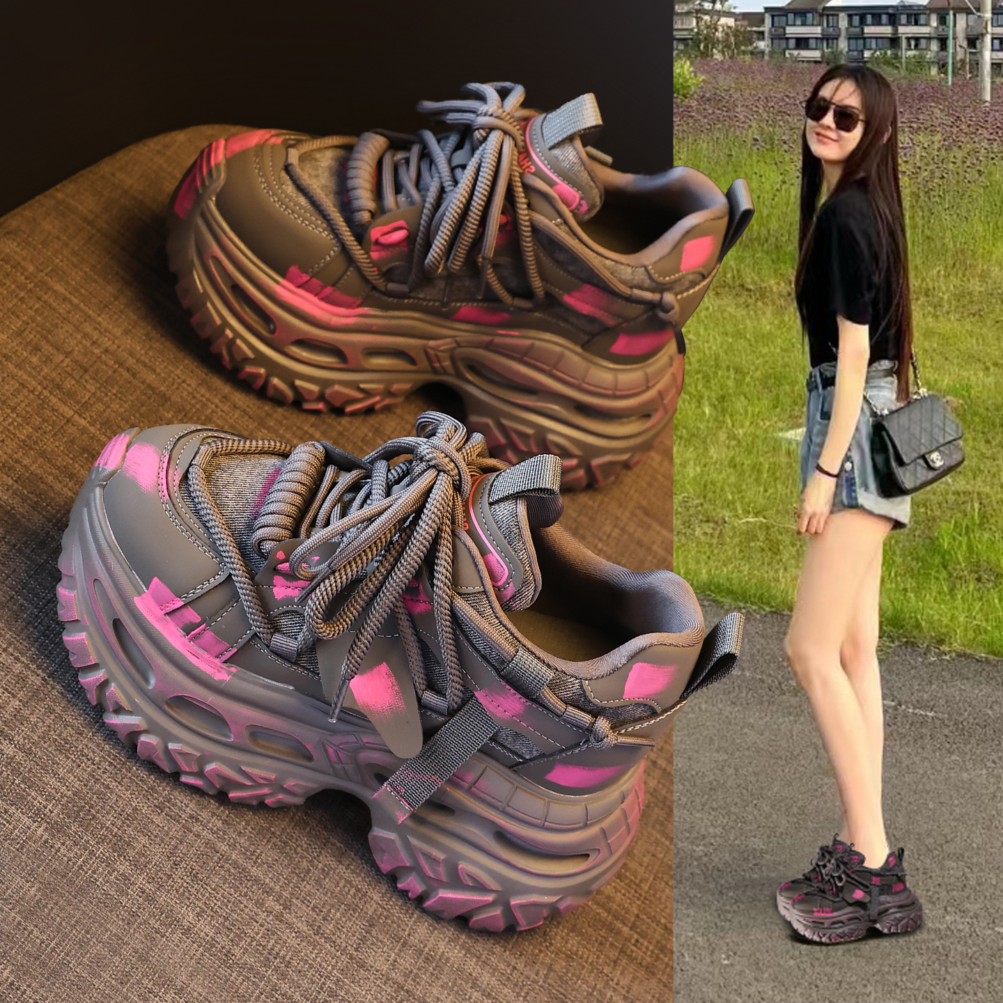 厚底时尚爆款牡丹红老爹鞋女