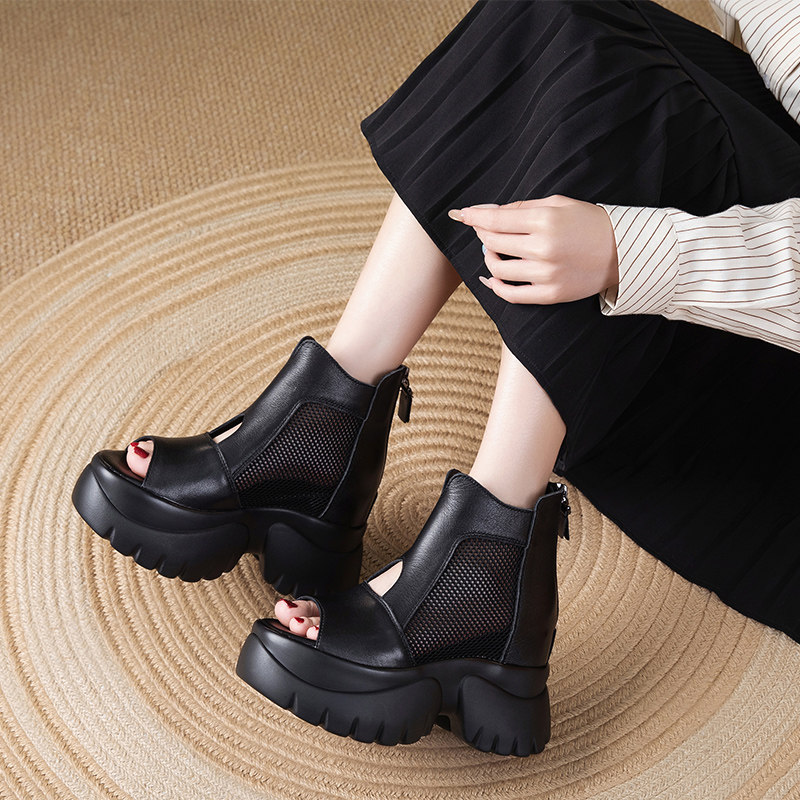 黑色鱼嘴凉鞋夏松糕厚底内增高真皮网纱透气凉靴女松糕厚底马丁靴