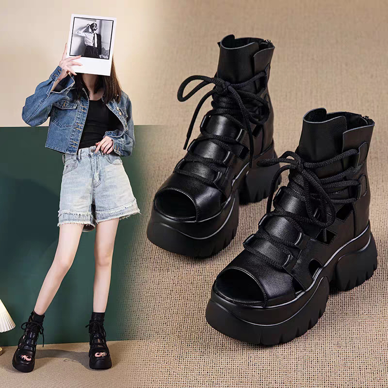 真皮小个子内增高女鞋黑色高跟凉鞋女夏季鱼嘴绑带松糕厚底马丁靴