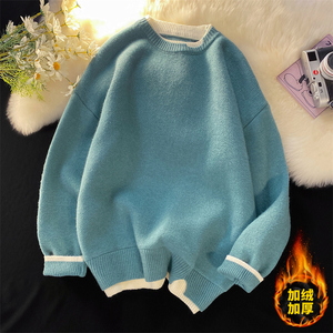 R601加绒毛衣男士春秋款冬加厚款宽松2022新款男生针织衫