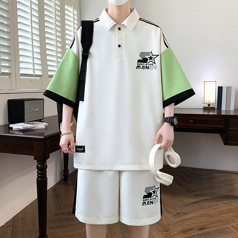 84362-特P55套装男夏季翻领宽松Polo五分裤两件套青少年一套搭配图片