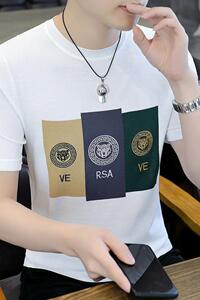 7313-P55欧货时尚短袖毛衣男夏秋季新款潮牌字母提花修身圆领图片