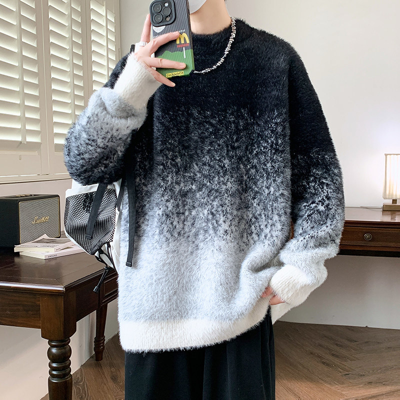 84519-P65情侣装秋冬季男女宽松软糯扎染渐变针织衫圆领套头毛衣,男装针织衫/毛衣,电商D310B