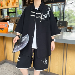 TZ24326-特P60港风套装新中式男青少年运动休闲衬衫短裤两件套图片