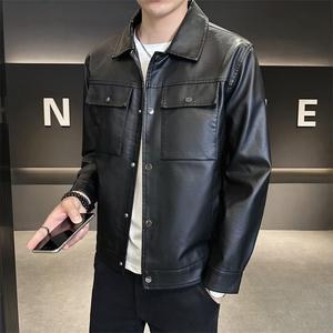 JK685-P100PU皮衣外套男纯色秋冬季翻领修身休闲皮夹克短款图片
