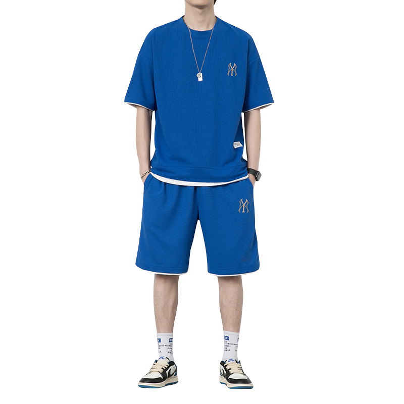 7538-P55假两件华夫格休闲套装男夏季潮牌短袖t恤短裤两件套,男装休闲套装,电商D310B