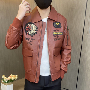 JK051-P110控138秋冬季刺绣翻领皮衣外套男士美式潮流机车服夹克图片