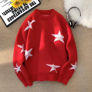 M505-特P55 美式复古星星破洞毛衣男女秋冬新款宽松慵懒针织衫图片