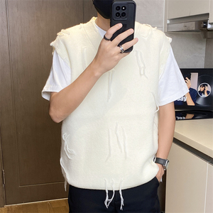 M715-特P48破洞流苏针织衫男士潮牌V领无袖毛衣马甲帅气休闲线衣