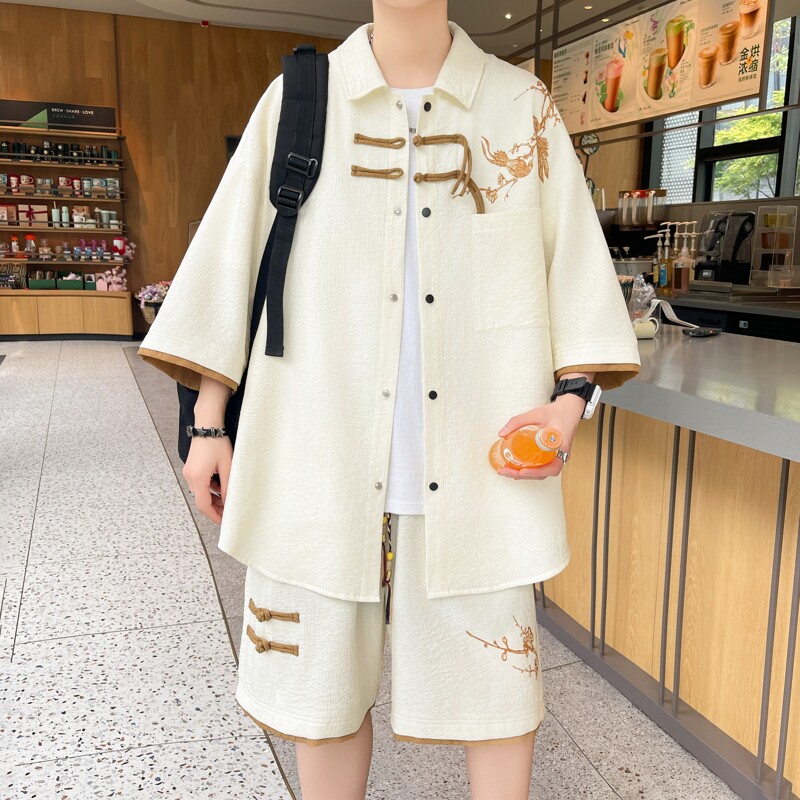 TZ24326-特P60港风套装新中式男青少年运动休闲衬衫短裤两件套,男装休闲套装,电商D310B