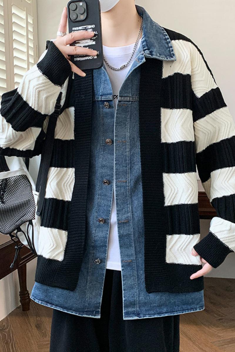 84876-特P88秋冬新款针织开衫毛衣男外套牛仔拼接假两件外套,男装针织衫/毛衣,电商D310B
