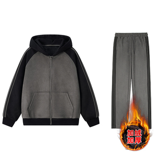 光板二开TZ9132特P100纯色加绒连帽卫衣套装男宽松运动服两件套潮图片