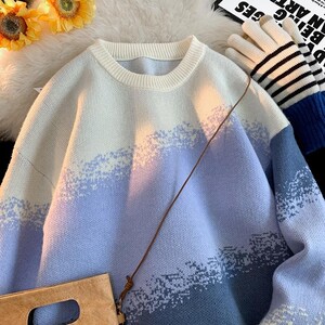M8305-特P55渐变圆领毛衣男慵懒风高级感宽松休闲针织衫外套图片