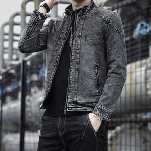 JK1823-P100美式复古水洗做旧连帽牛仔夹克外套男宽松牛仔图片