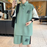 TZ24362-特P55青少年休闲套装港风宽松领拼色T恤短裤，男装T恤，电商D310B