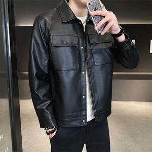 JK685-P100PU皮衣外套男纯色秋冬季翻领修身休闲皮夹克短款图片