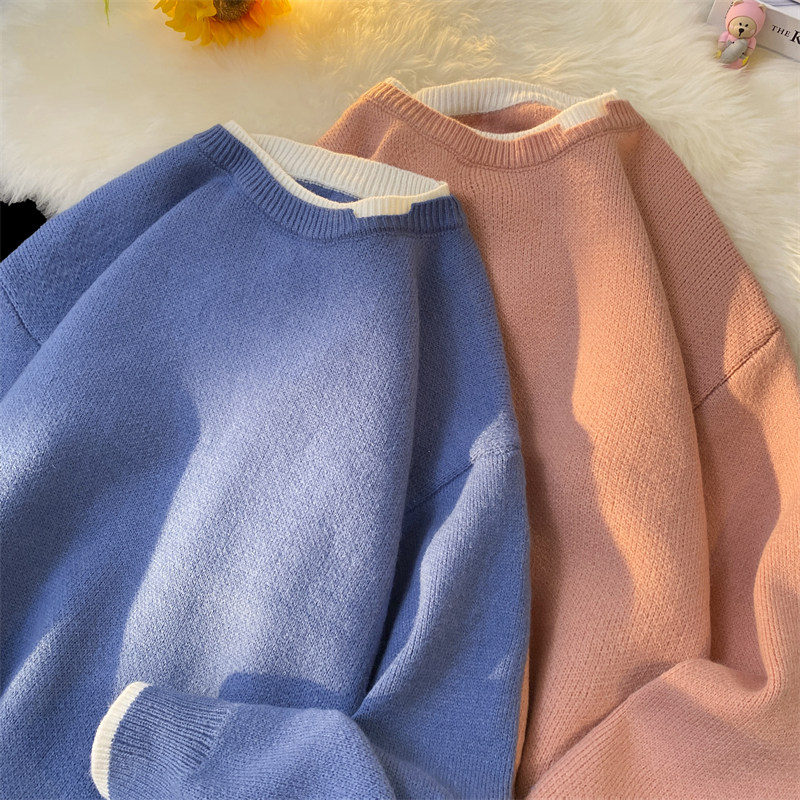 Y601圆领毛衣男秋冬季潮牌假两件针织衫外套港风复古百搭，男装针织衫/毛衣，电商D310（原电商305）