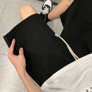 5010-P35夏季港风纯色宽松休闲短裤男直筒抽绳运动裤潮图片