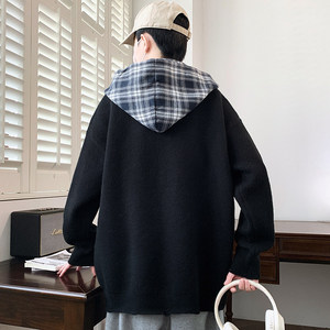 84878-特P88秋冬新款针织开衫毛衣男宽松拼接假两件港风连帽外套图片