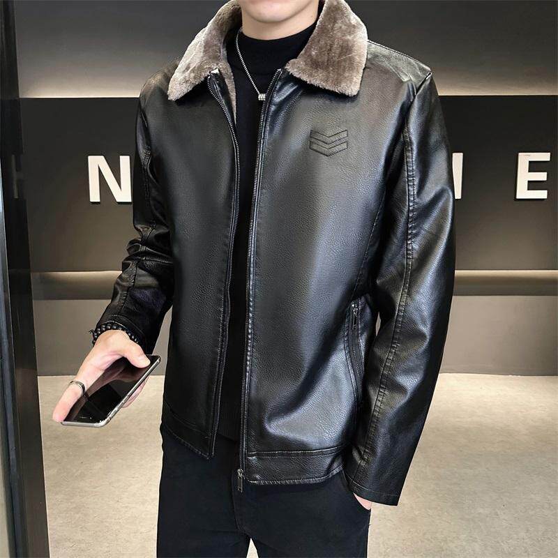 JK117-P90皮毛一体PU皮韩版翻领皮夹克商务休闲加绒加厚皮外套图片