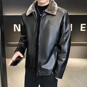 JK117-P90皮毛一体PU皮韩版翻领皮夹克商务休闲加绒加厚皮外套图片