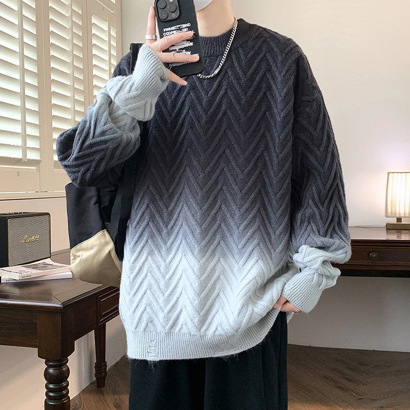 84783-特P75宽松秋冬季保暖保暖高级感圆领毛衣男士时尚渐变色图片
