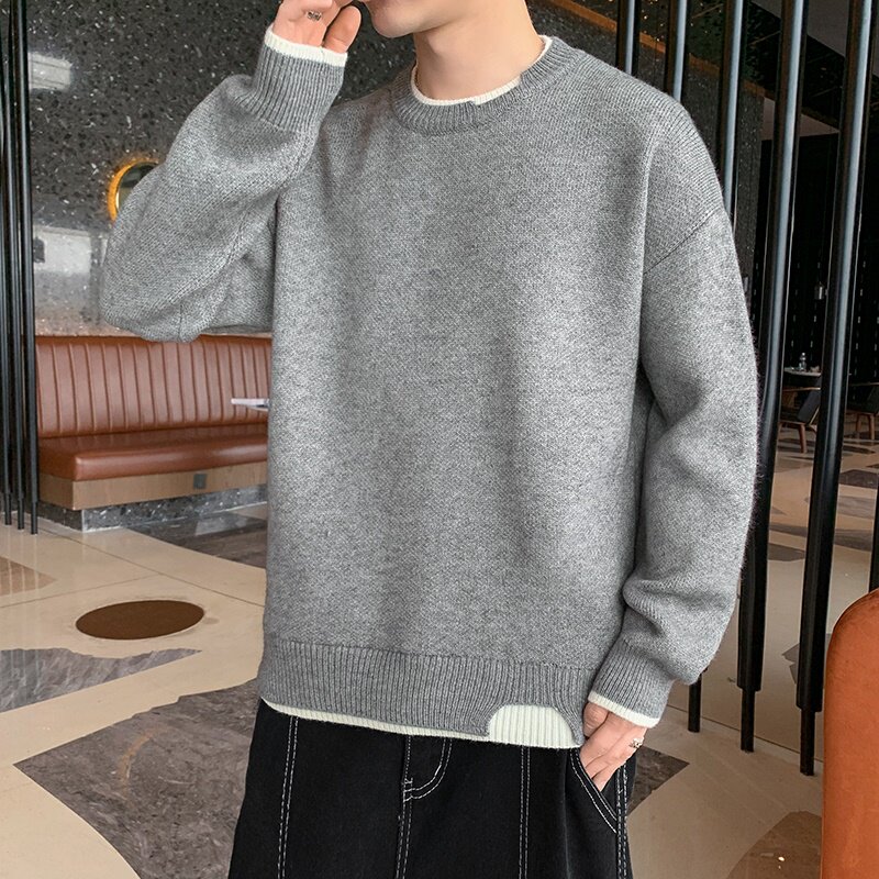 76601港风宽松情侣针织衫男士潮流ins百搭休闲毛衣男图片