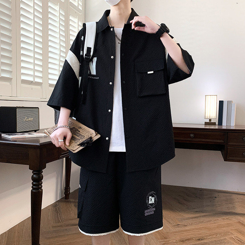 TZ24317-特P55衬衫套装男夏季宽松休闲拼接短袖男士短裤搭配,男装衬衫,电商D310B