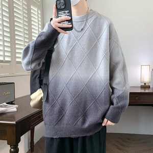 84786-特P70渐变色毛衣男士圆领潮流提花线衣服针织打底衫男款图片