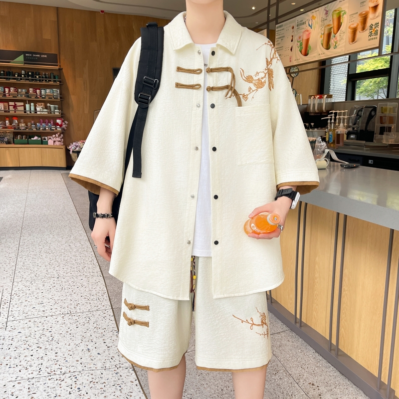 TZ24326-特P60港风套装新中式男青少年运动休闲衬衫短裤两件套，男装休闲套装，电商D310B