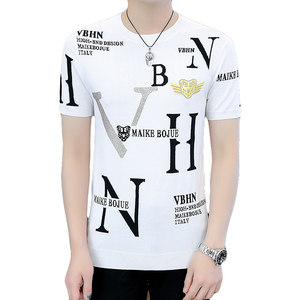 7370-P65冰丝短袖毛衣男夏季潮流欧货提花弹力修身圆领针织衫图片